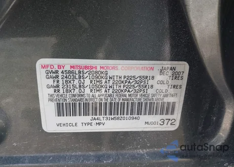 2008 Mitsubishi Outlander Se from USA, damaged, VIN JA4LT31W58Z010940
